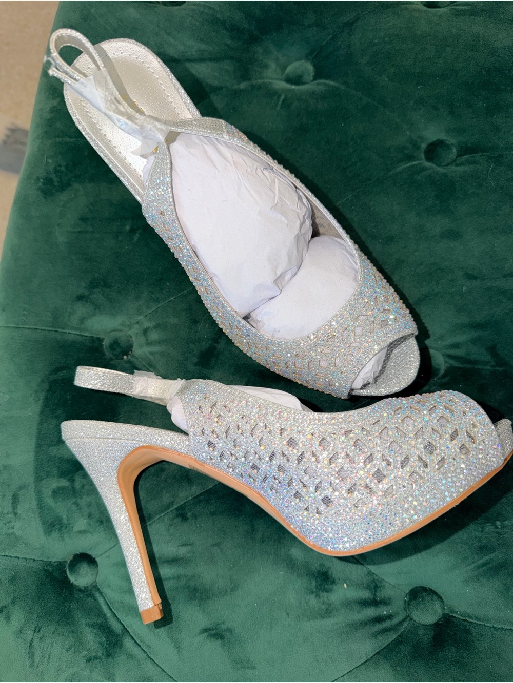 Crystal Embellished Silver Peep-Toe Slingback Heels